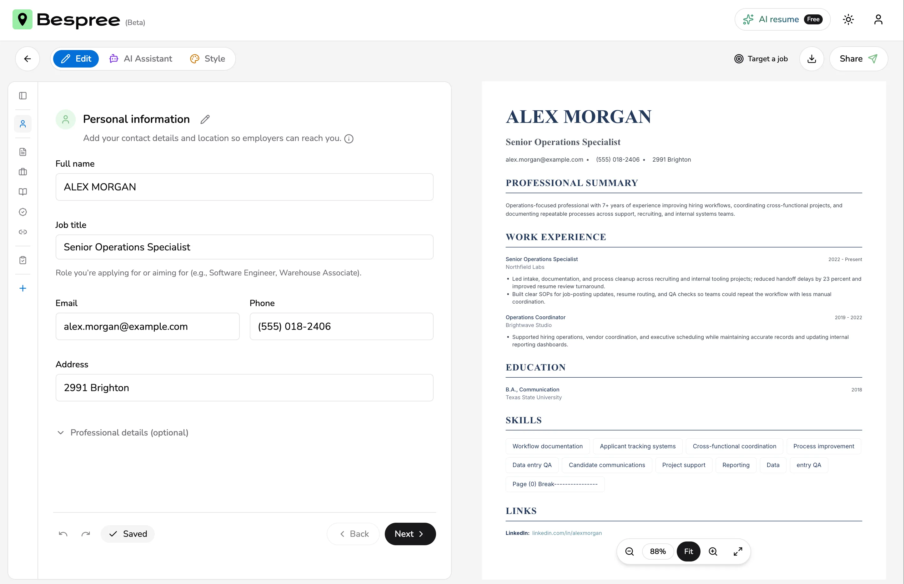 Bespree ATS-friendly resume template preview with Executive Bold in the centered single-column layout.