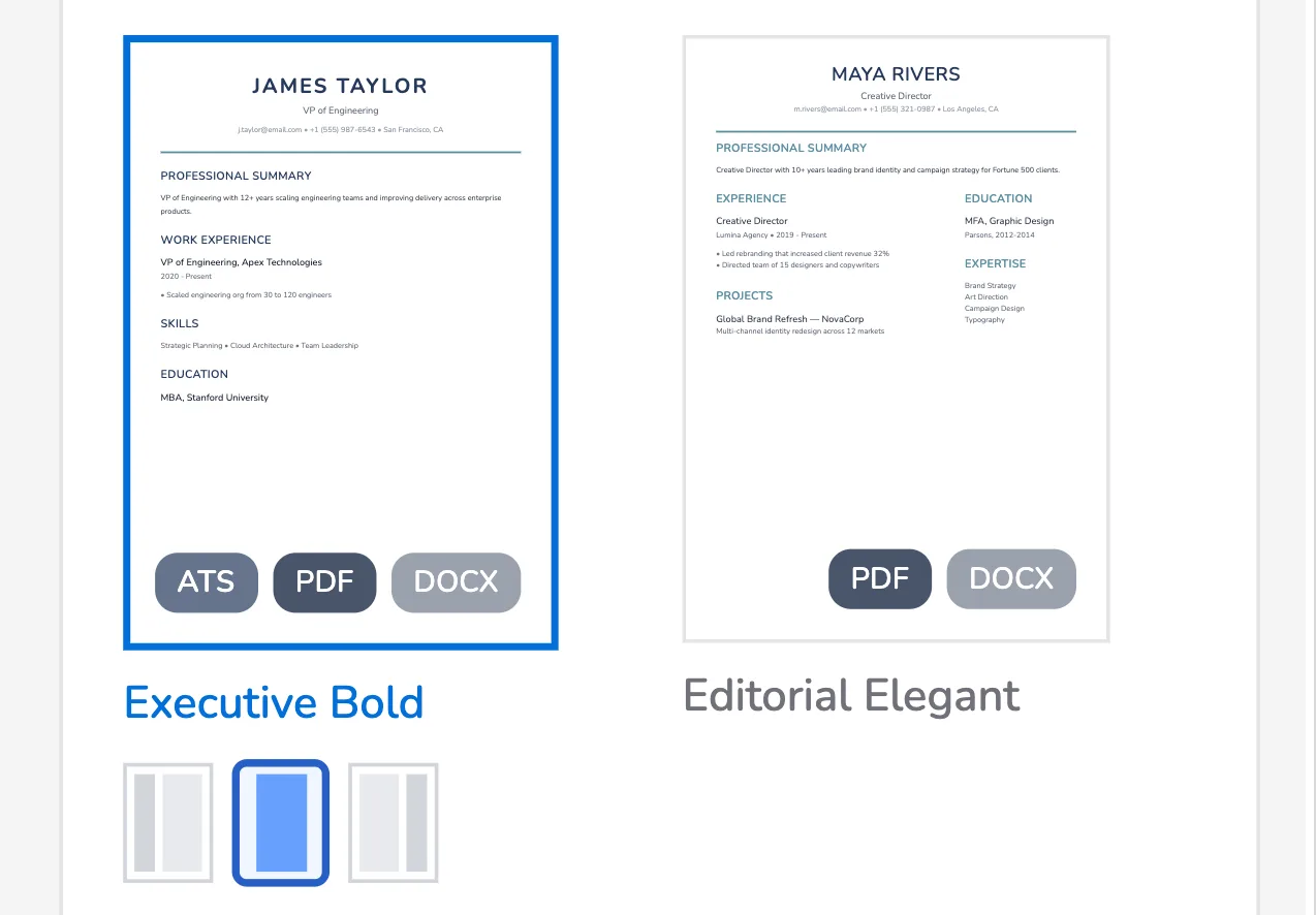 Bespree export menu showing PDF, Word-branded, and Word ATS-friendly download options.