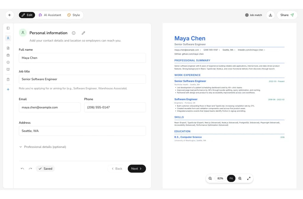 Bespree resume editor showing an ATS-friendly resume preview