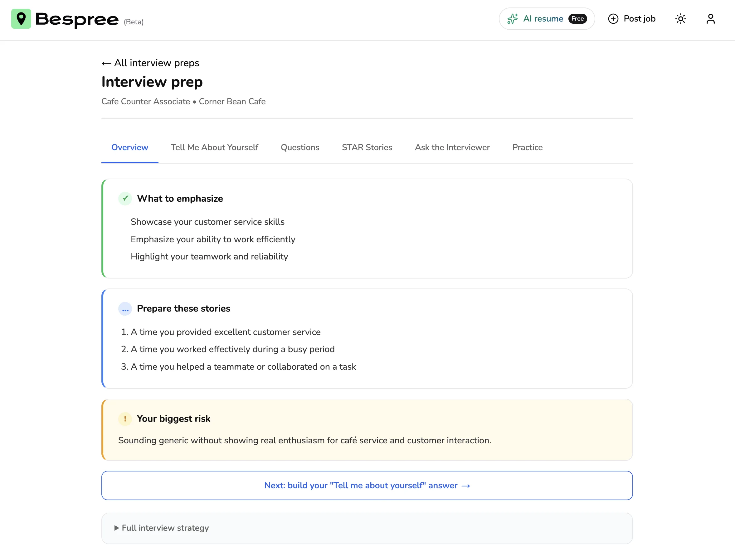 Interview Prep session showing tailored interview questions, STAR stories, and answer guidance