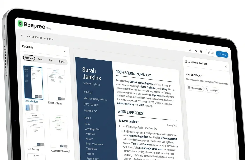 Bespree AI resume builder editor with ATS-friendly template preview