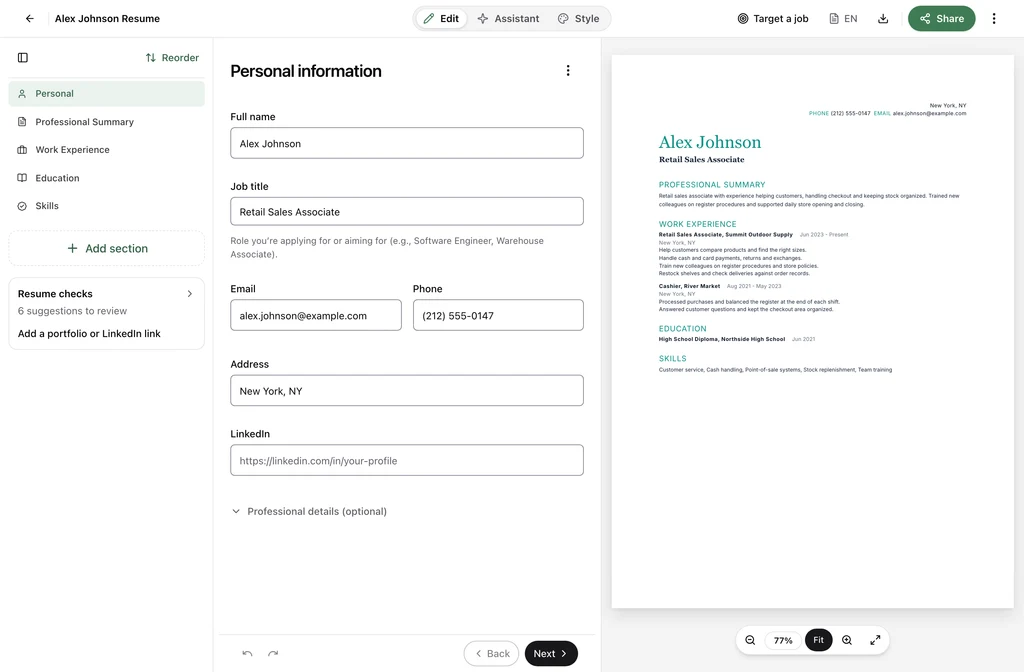 Bespree AI resume builder editor with ATS-friendly template preview